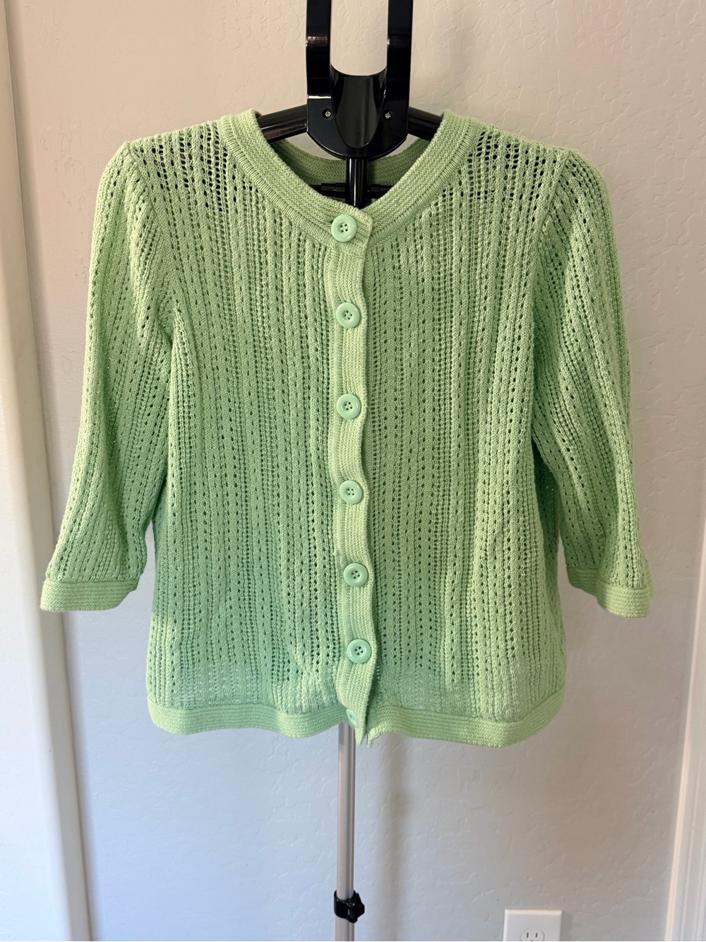 CJ Banks Pastel Green Open-Knit Button Cardigan
